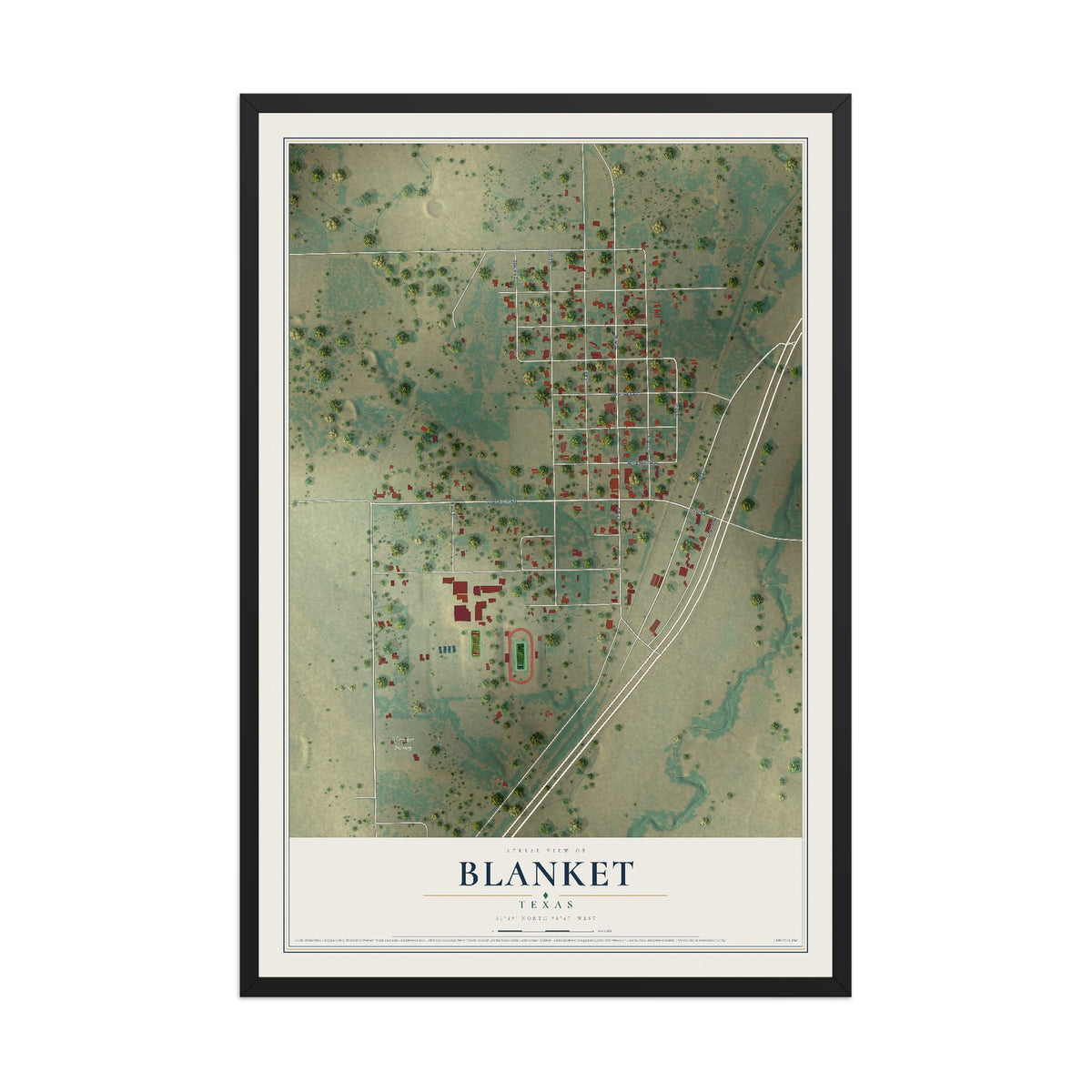 Map of Blanket, Texas, 12 x 18 inch print in a black wood frame