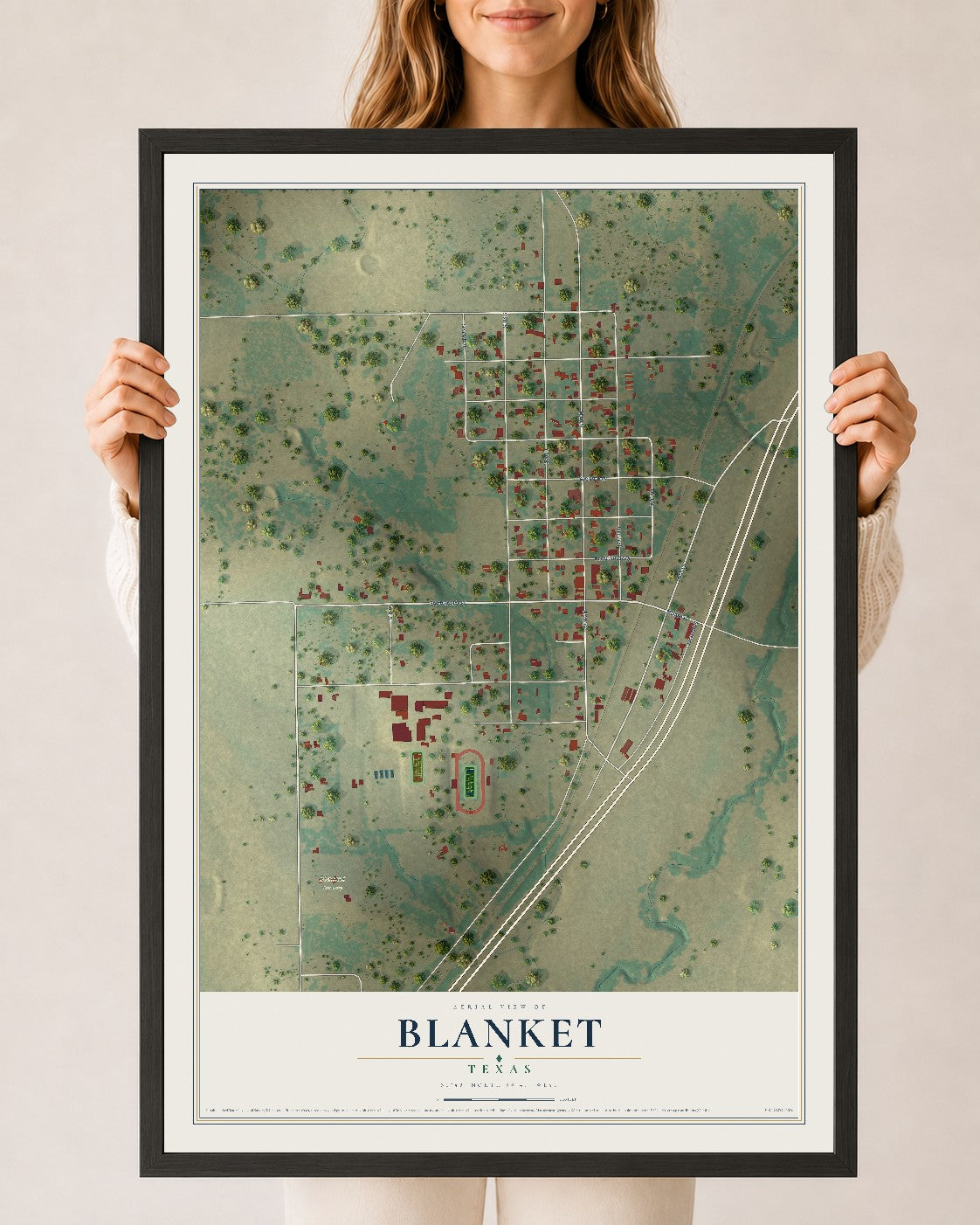 Map of Blanket, Texas, 24 x 36 inch print in a black wood frame