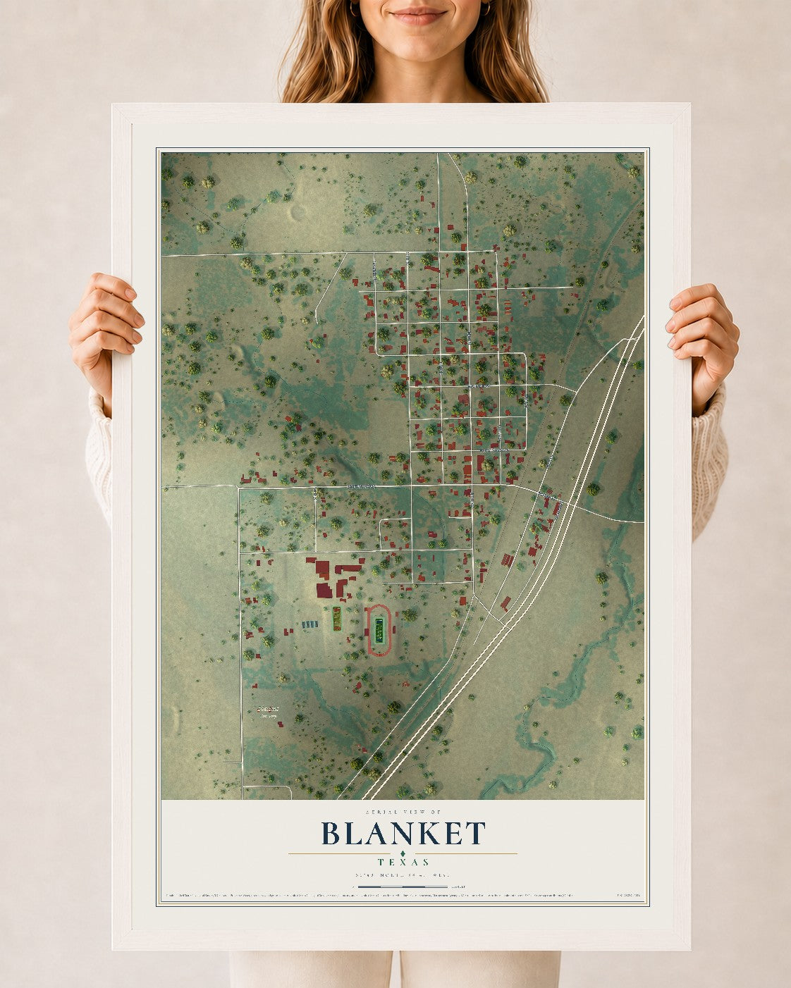 Map of Blanket, Texas, 24 x 36 inch print in a white wood frame