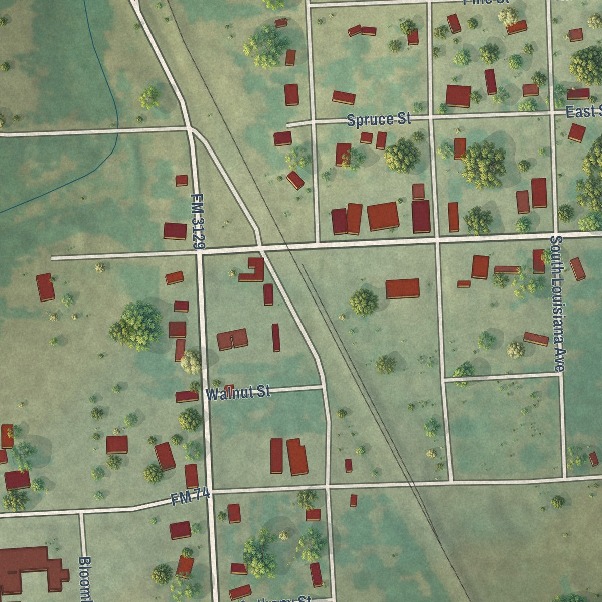 Close-up of the map of Bloomburg, Texas print showing street and building detail