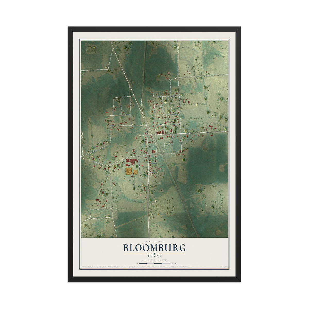 Map of Bloomburg, Texas, 12 x 18 inch print in a black wood frame