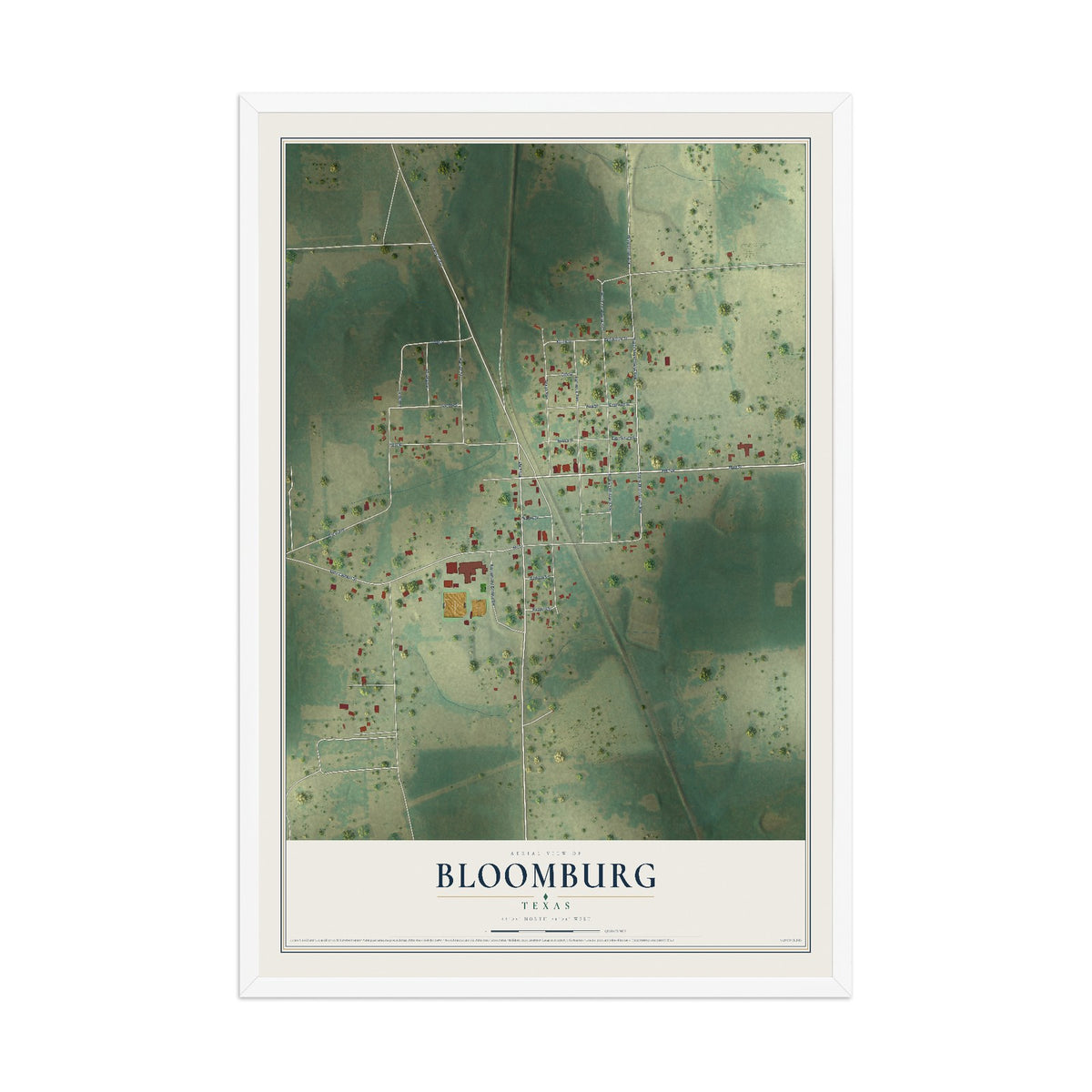 Map of Bloomburg, Texas, 12 x 18 inch print in a white wood frame