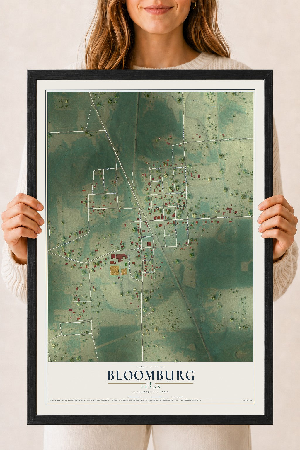 Map of Bloomburg, Texas, 18 x 24 inch print in a black wood frame