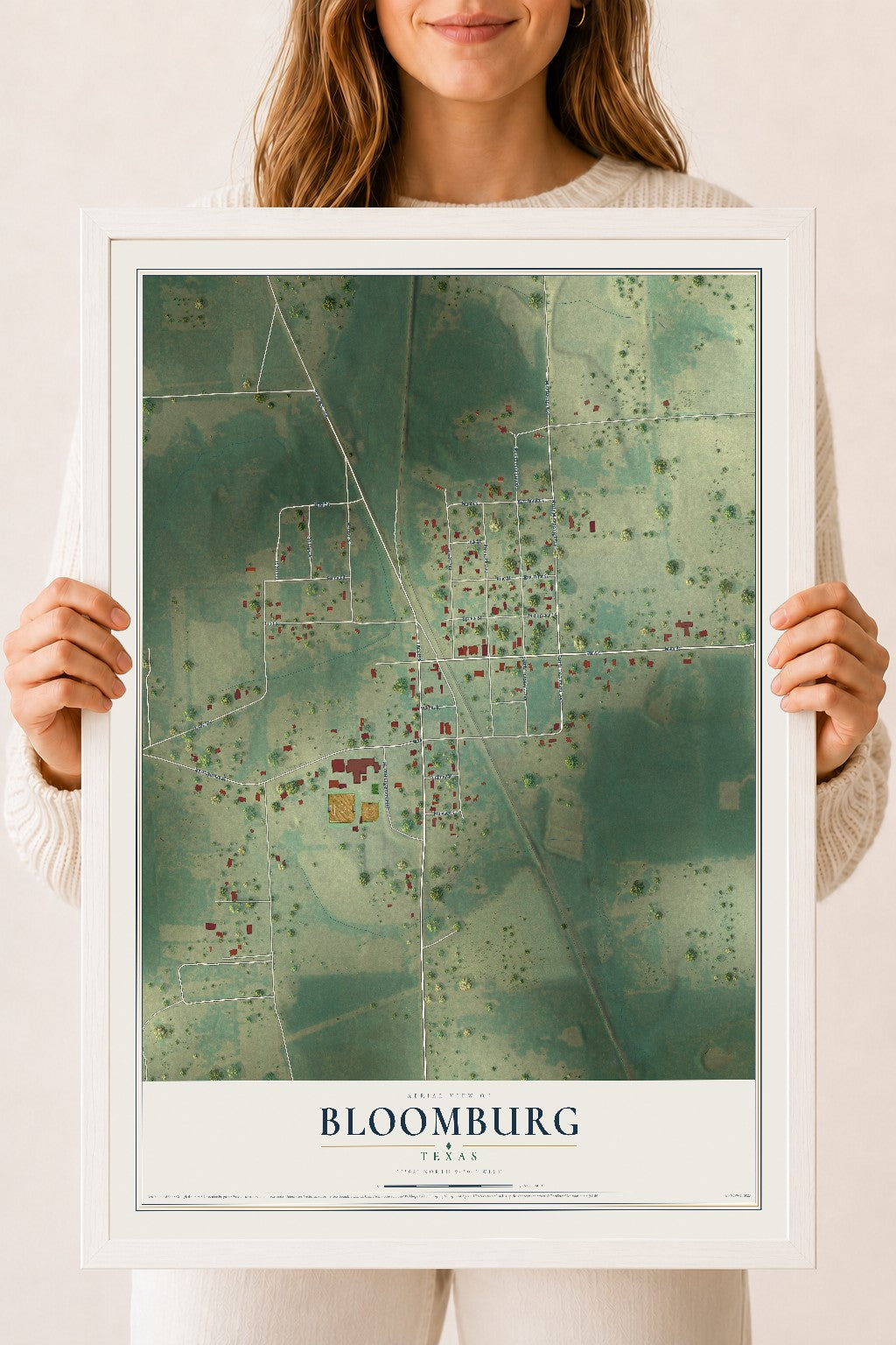 Map of Bloomburg, Texas, 18 x 24 inch print in a white wood frame
