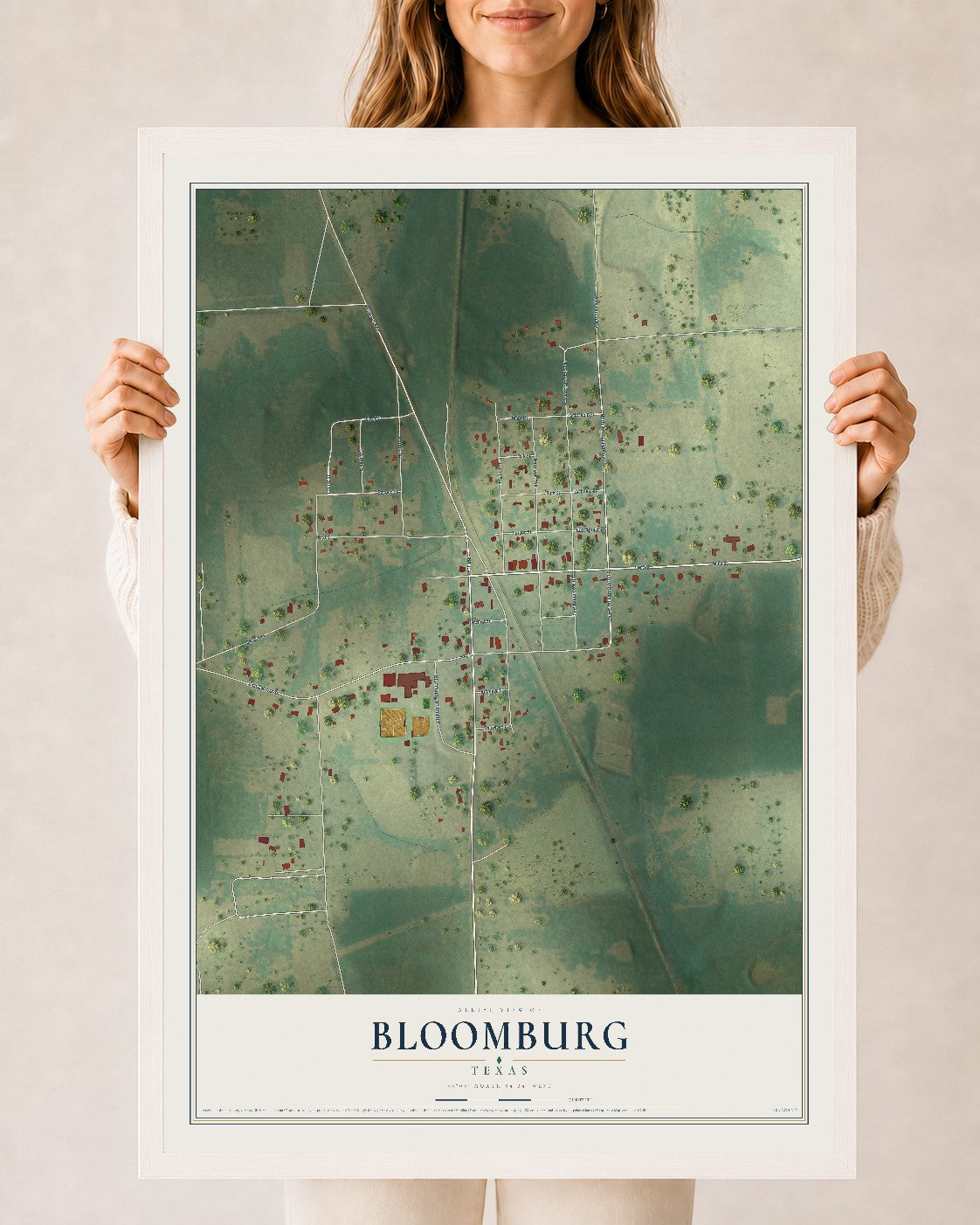 Map of Bloomburg, Texas, 24 x 36 inch print in a white wood frame