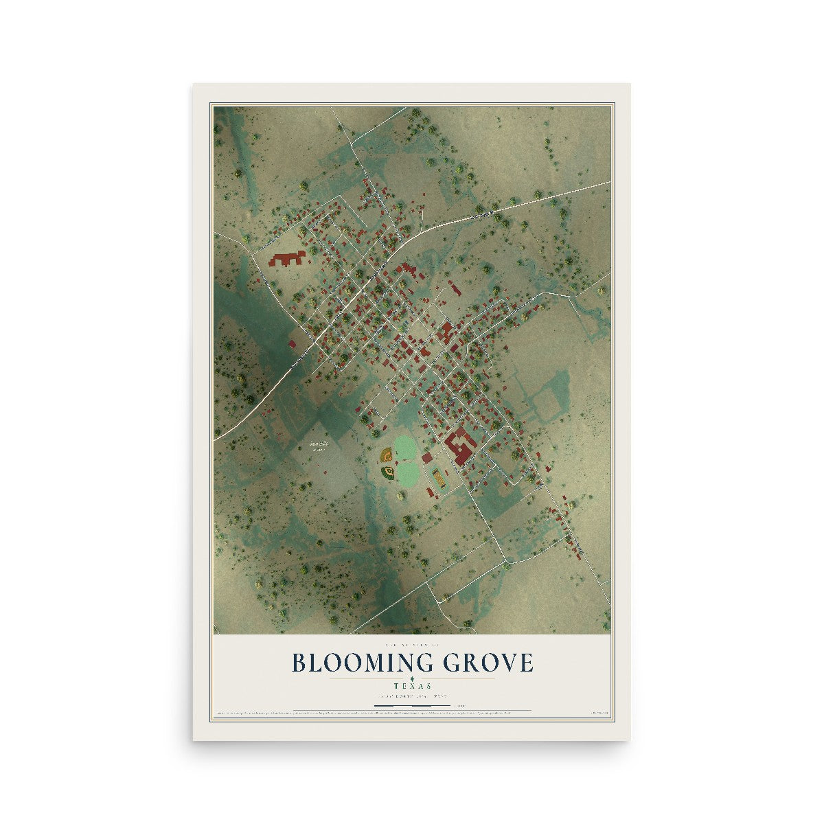 Map of Blooming Grove, Texas, 12 x 18 inch unframed archival matte print