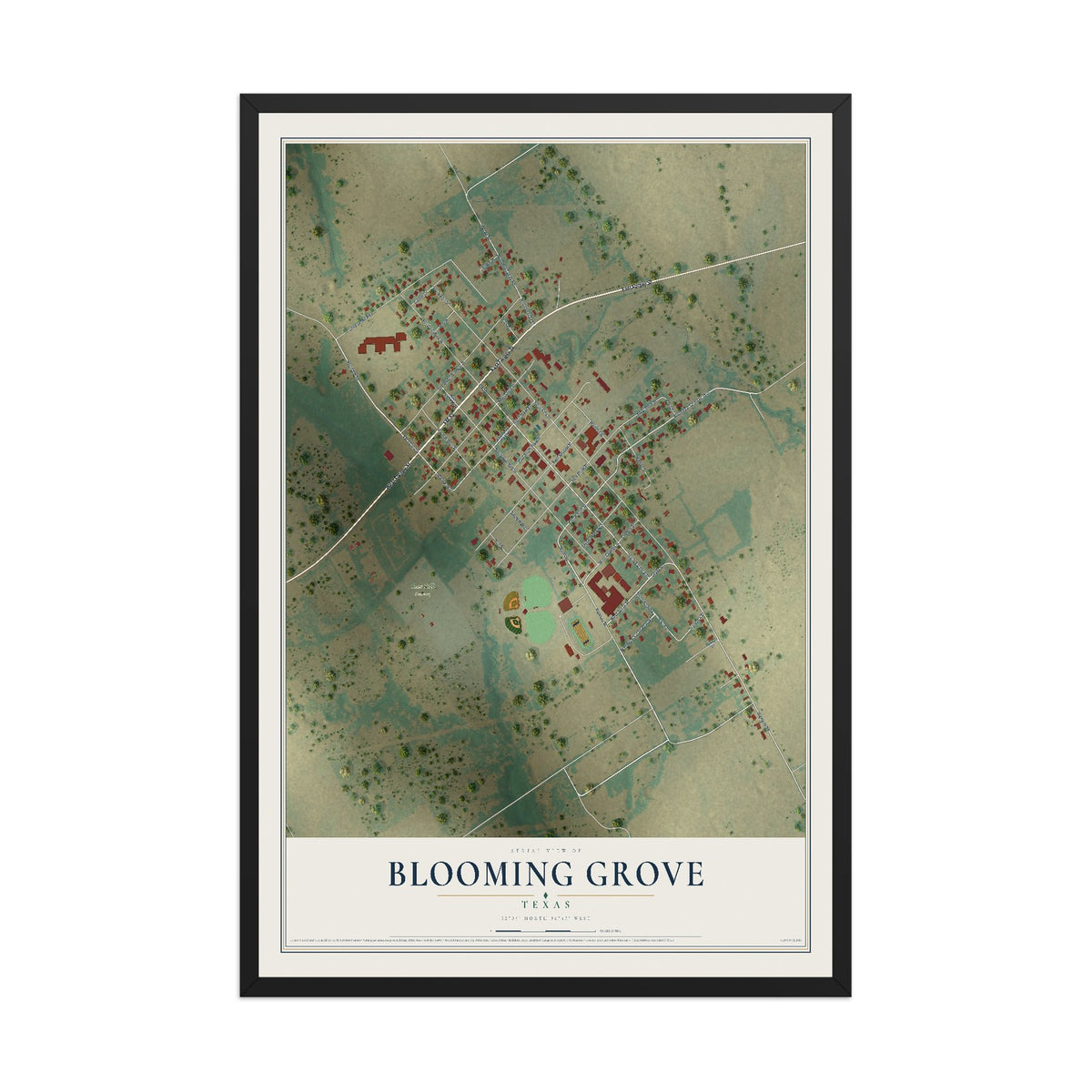 Map of Blooming Grove, Texas, 12 x 18 inch print in a black wood frame