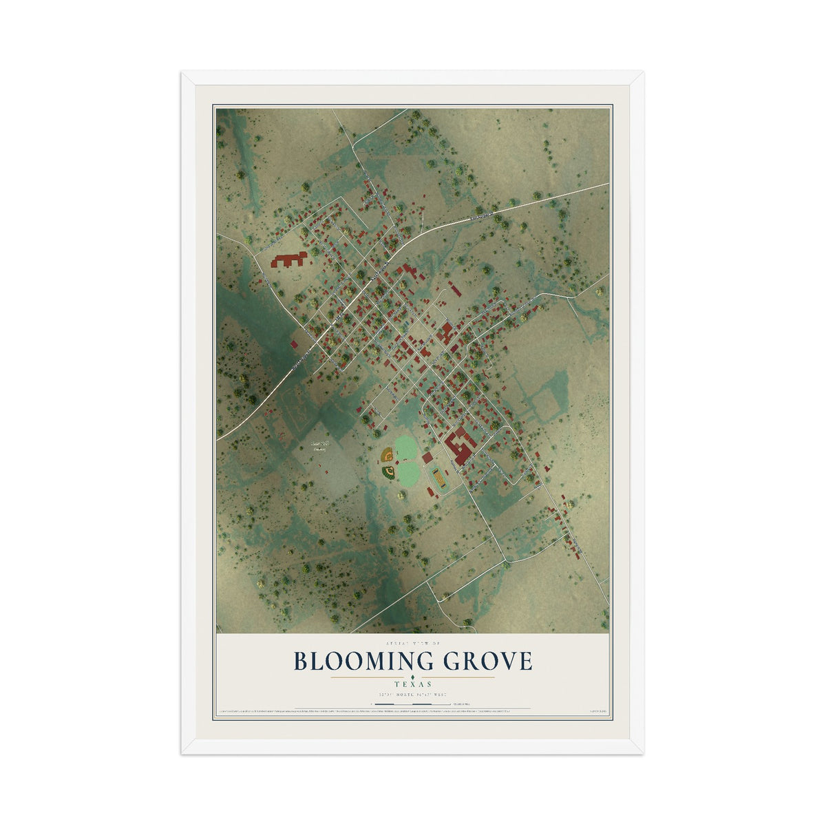 Map of Blooming Grove, Texas, 12 x 18 inch print in a white wood frame
