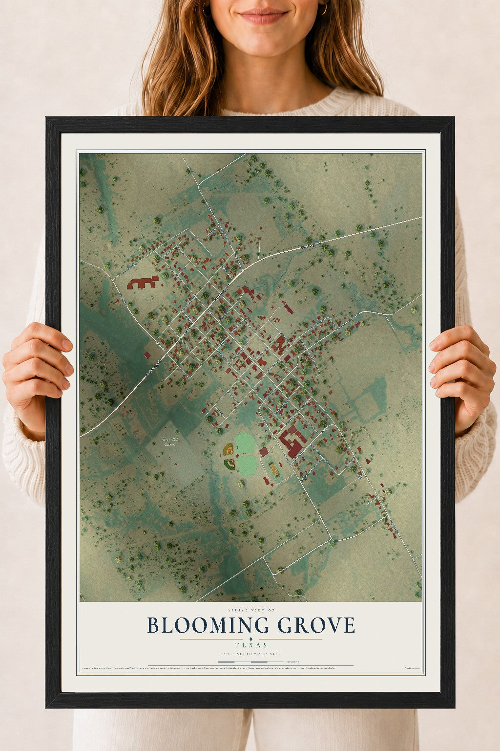 Map of Blooming Grove, Texas, 18 x 24 inch print in a black wood frame