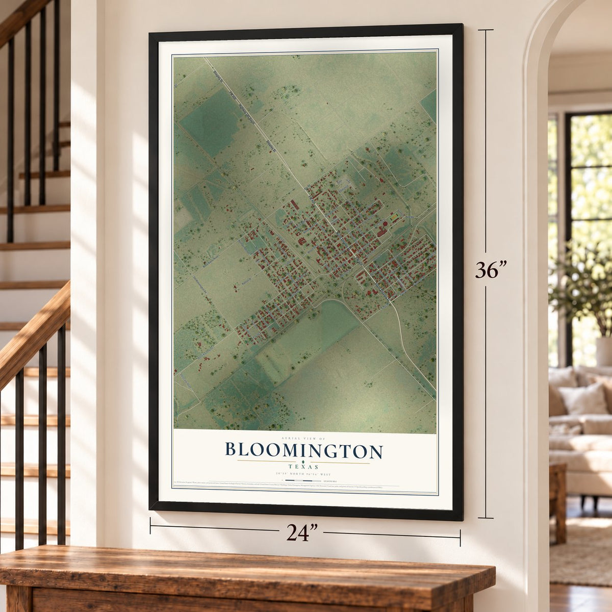 Bloomington, Texas map, 24 x 36 inch print in a black frame by a staircase