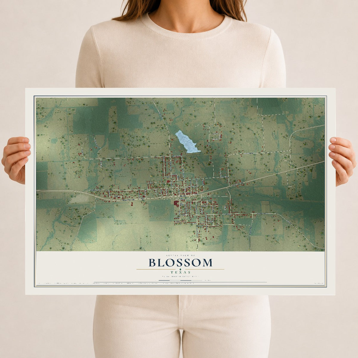 Map of Blossom, Texas, 12 x 18 inch unframed archival matte print