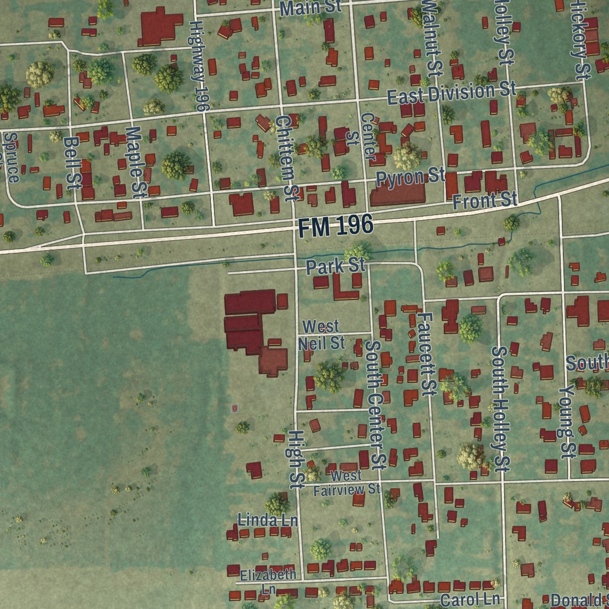 Close-up of the map of Blossom, Texas print showing street and building detail