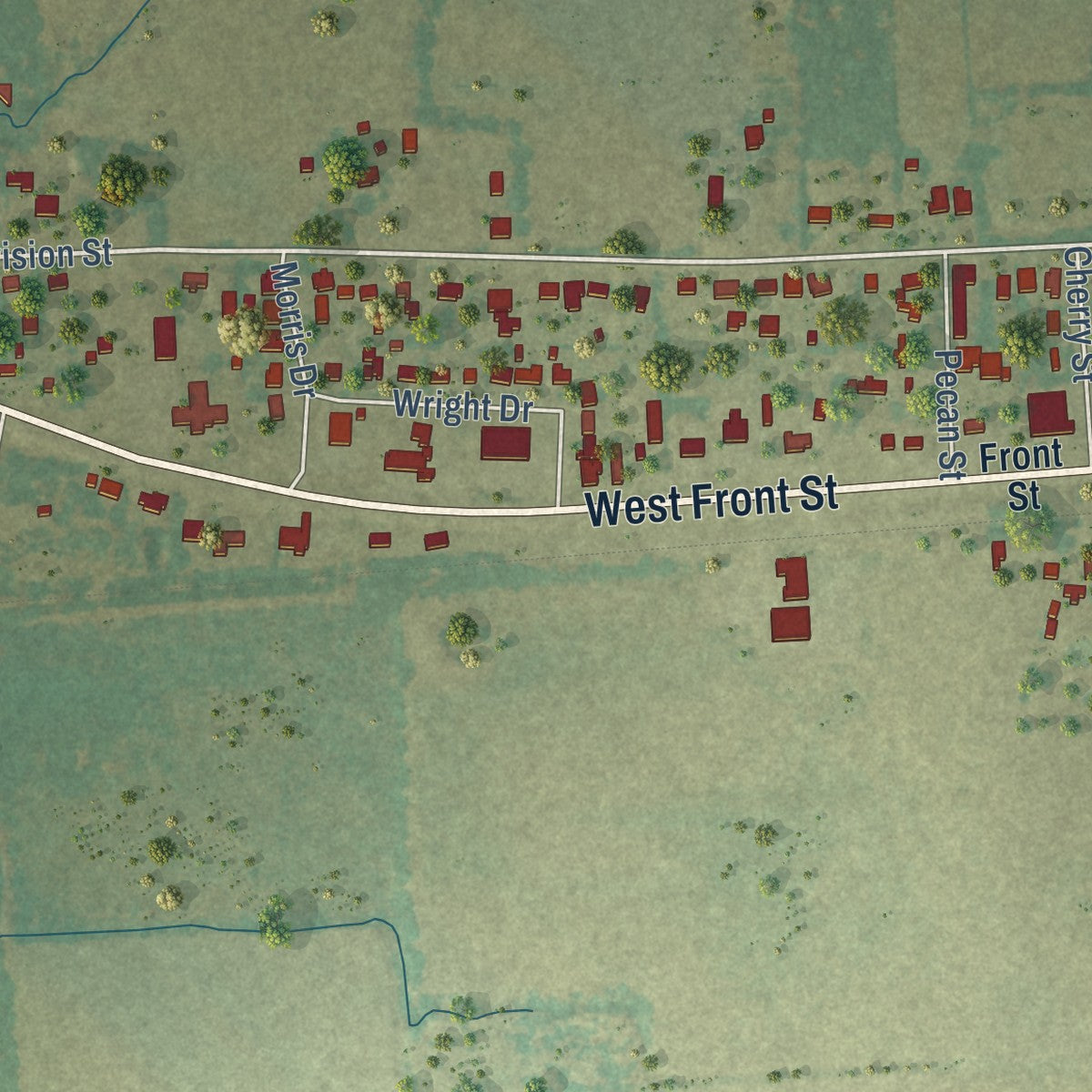 Second close-up of the map of Blossom, Texas print showing more streets and buildings