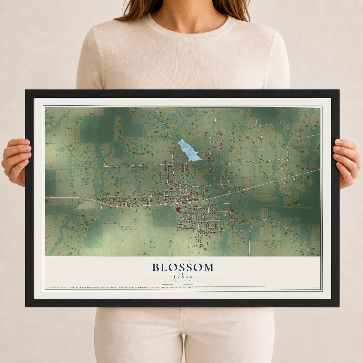 Map of Blossom, Texas, 12 x 18 inch print in a black wood frame