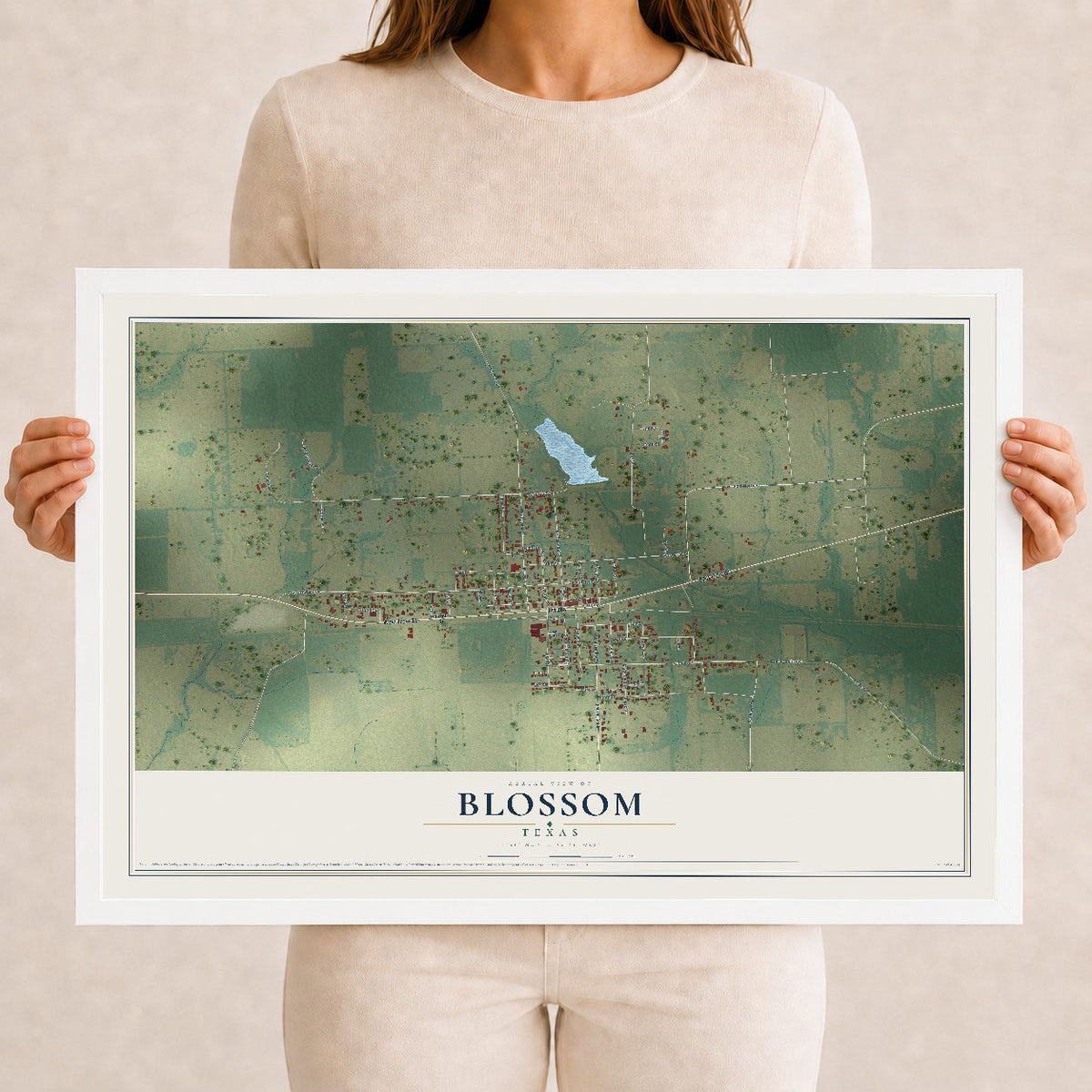 Map of Blossom, Texas, 12 x 18 inch print in a white wood frame