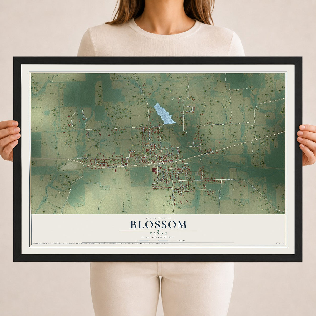 Map of Blossom, Texas, 18 x 24 inch print in a black wood frame