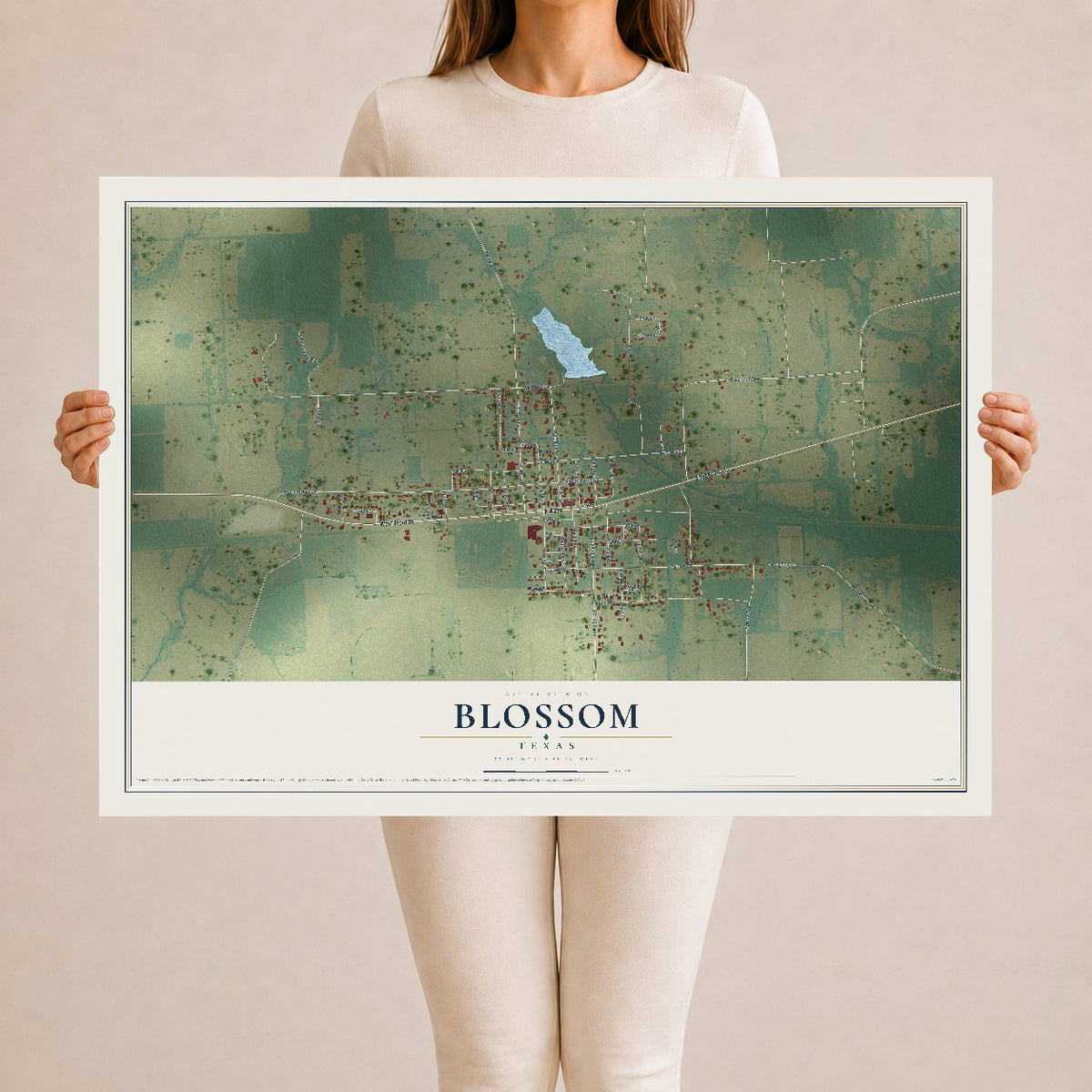 Map of Blossom, Texas, 24 x 36 inch unframed archival matte print