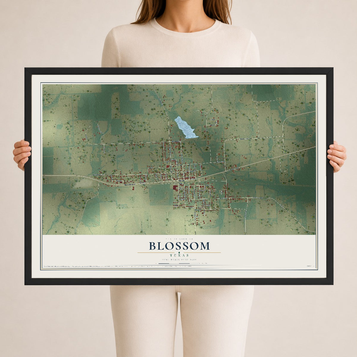 Map of Blossom, Texas, 24 x 36 inch print in a black wood frame