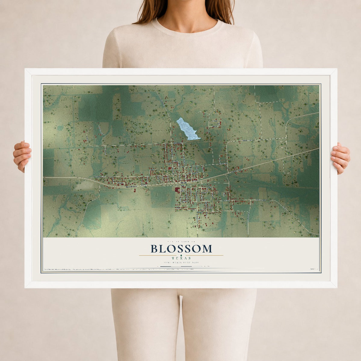 Map of Blossom, Texas, 24 x 36 inch print in a white wood frame