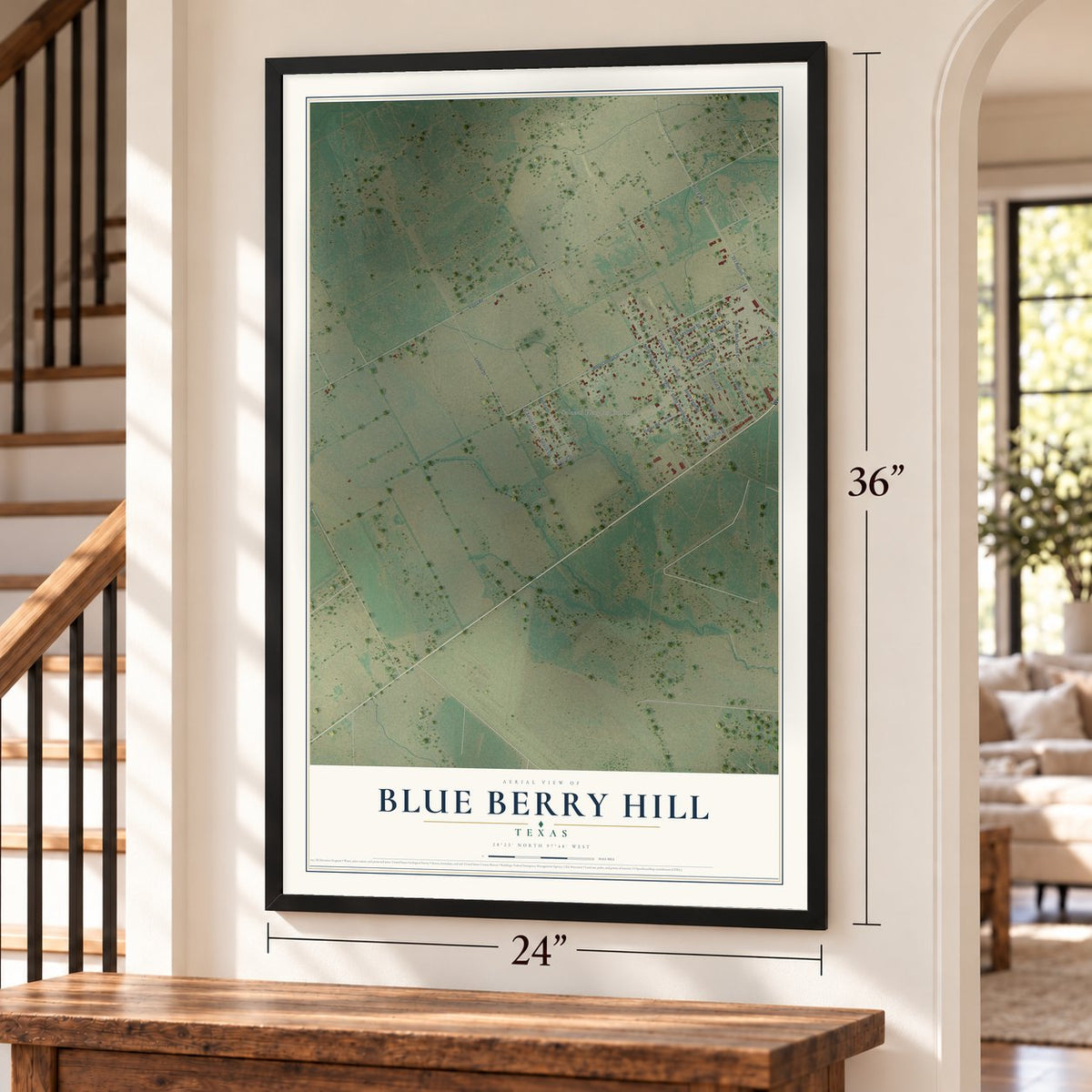 Blue Berry Hill, Texas map, 24 x 36 inch print in a black frame by a staircase