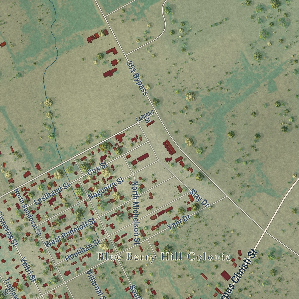 Close-up of the map of Blue Berry Hill, Texas print showing street and building detail
