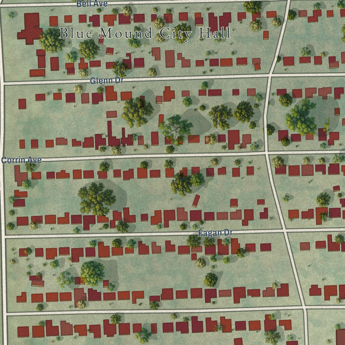 Close-up of the map of Blue Mound, Texas print showing street and building detail