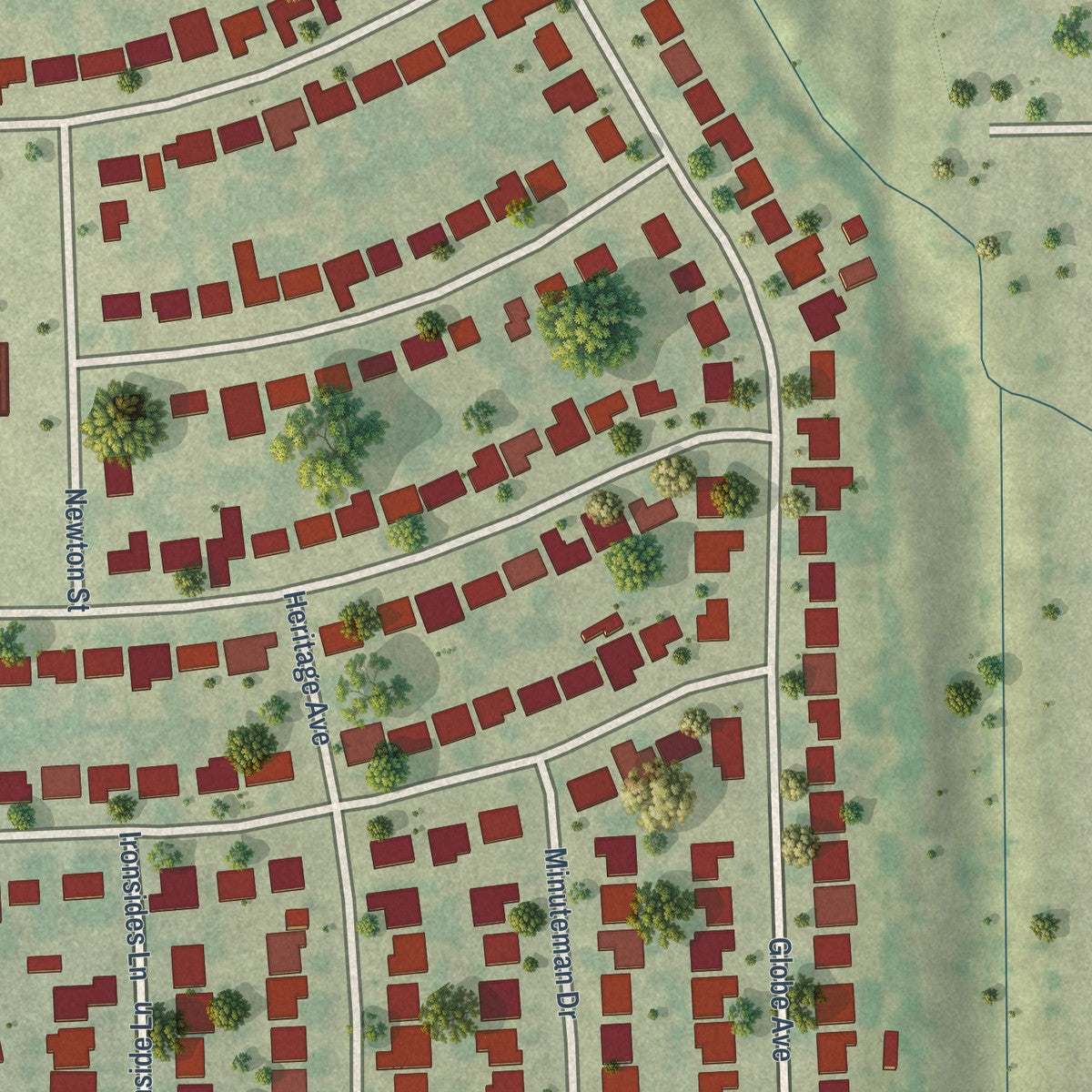 Second close-up of the map of Blue Mound, Texas print showing more streets and buildings