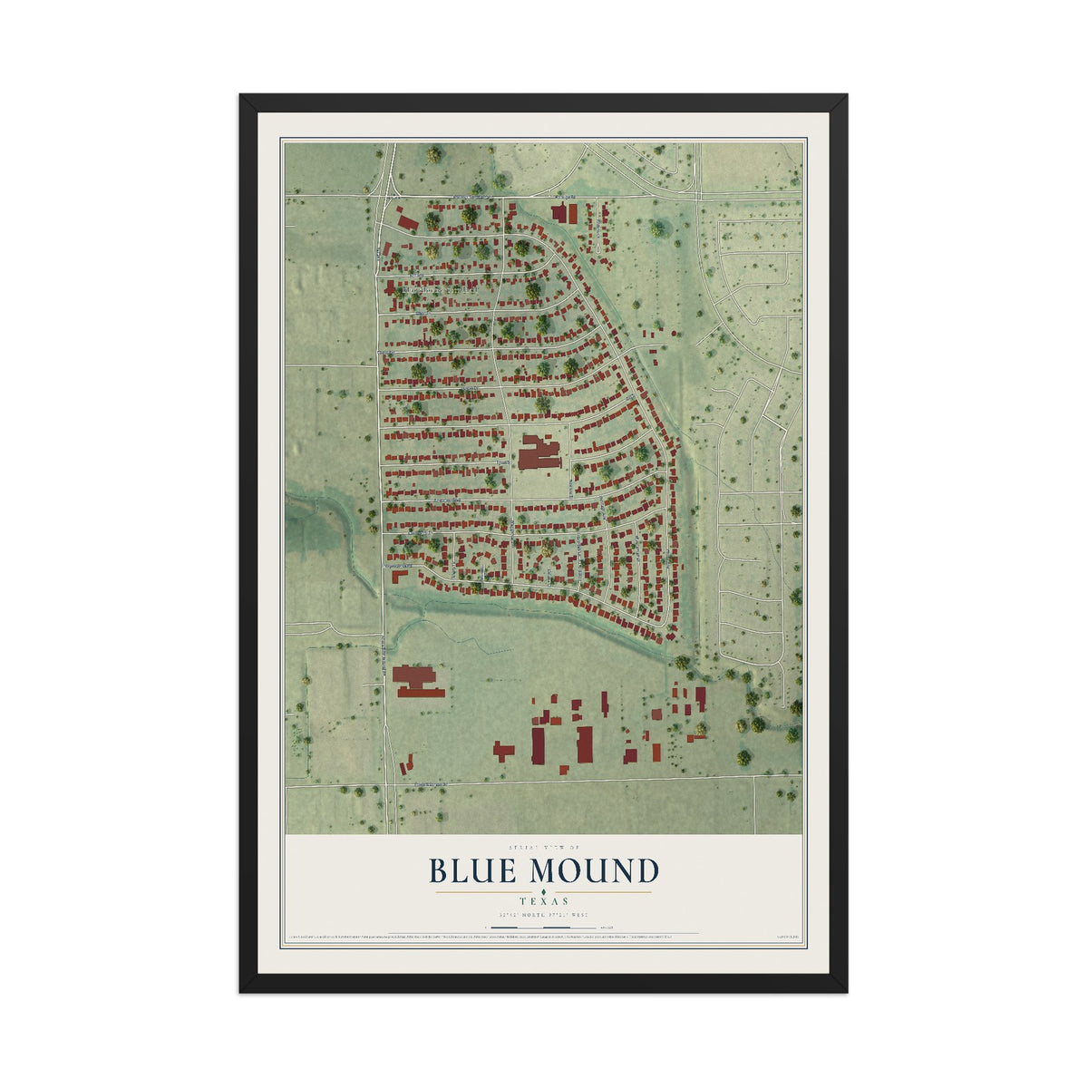 Map of Blue Mound, Texas, 12 x 18 inch print in a black wood frame