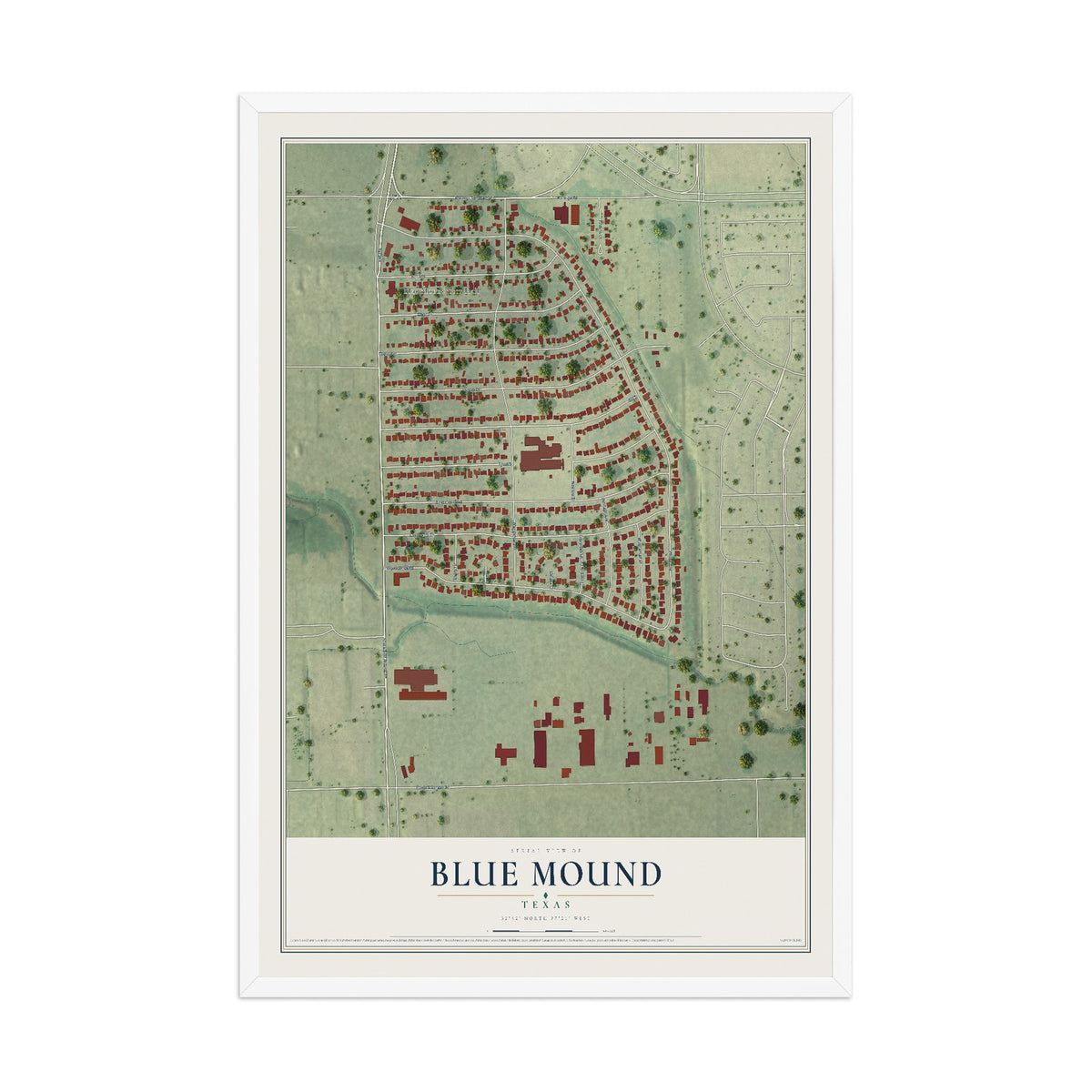 Map of Blue Mound, Texas, 12 x 18 inch print in a white wood frame