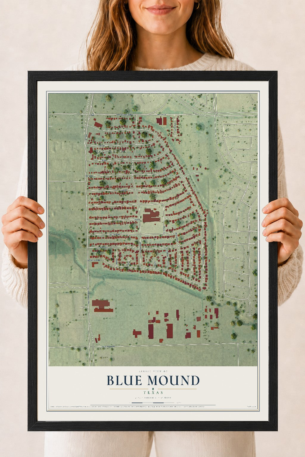 Map of Blue Mound, Texas, 18 x 24 inch print in a black wood frame