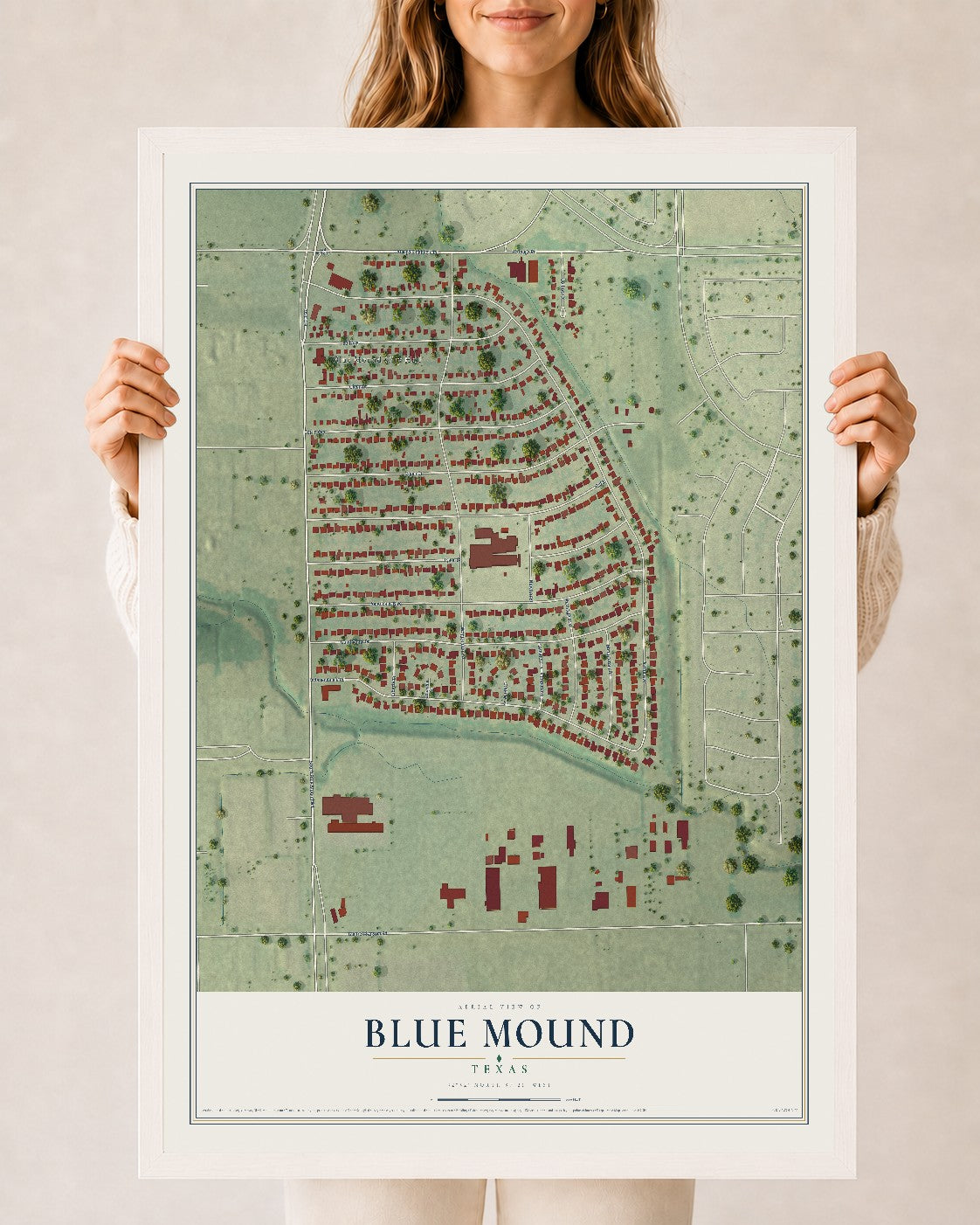 Map of Blue Mound, Texas, 24 x 36 inch print in a white wood frame