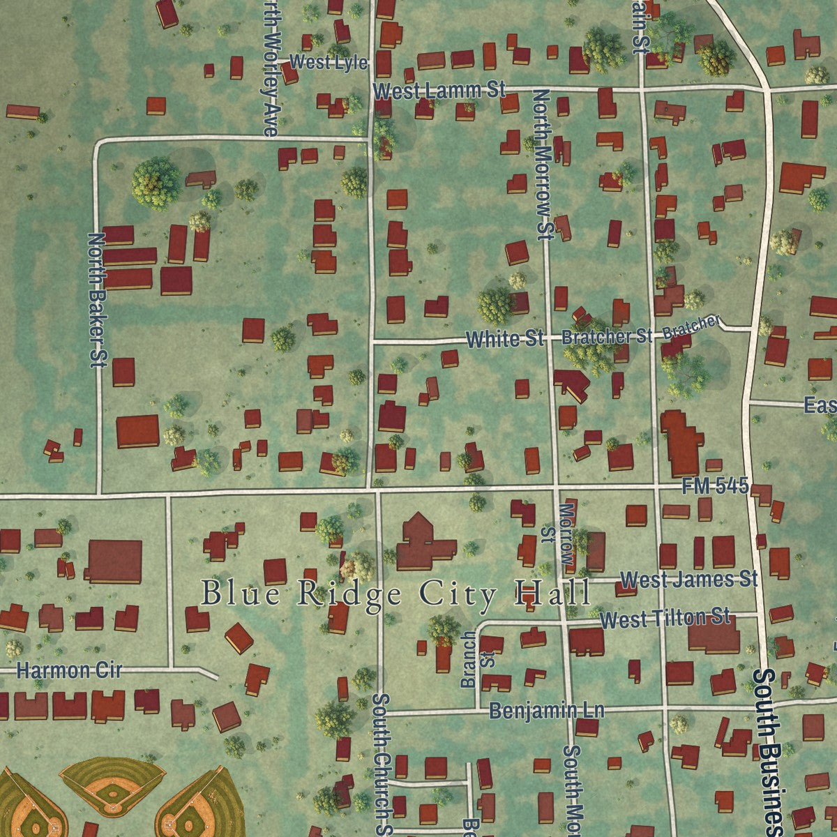 Close-up of the map of Blue Ridge, Texas print showing street and building detail
