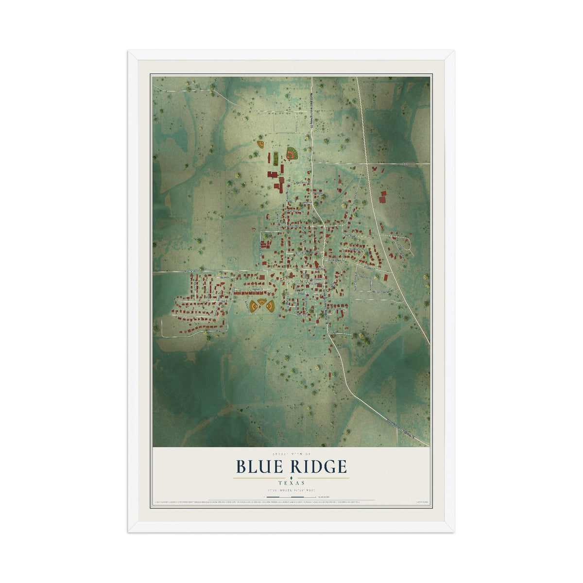 Map of Blue Ridge, Texas, 12 x 18 inch print in a white wood frame