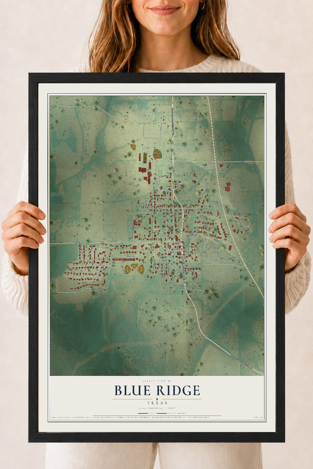 Map of Blue Ridge, Texas, 18 x 24 inch print in a black wood frame