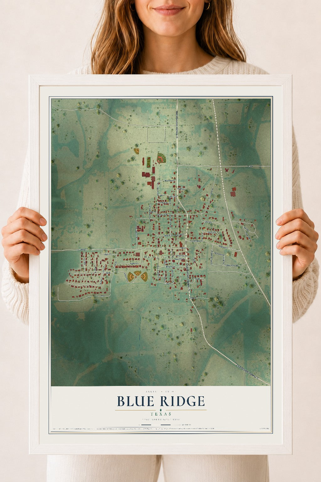 Map of Blue Ridge, Texas, 18 x 24 inch print in a white wood frame