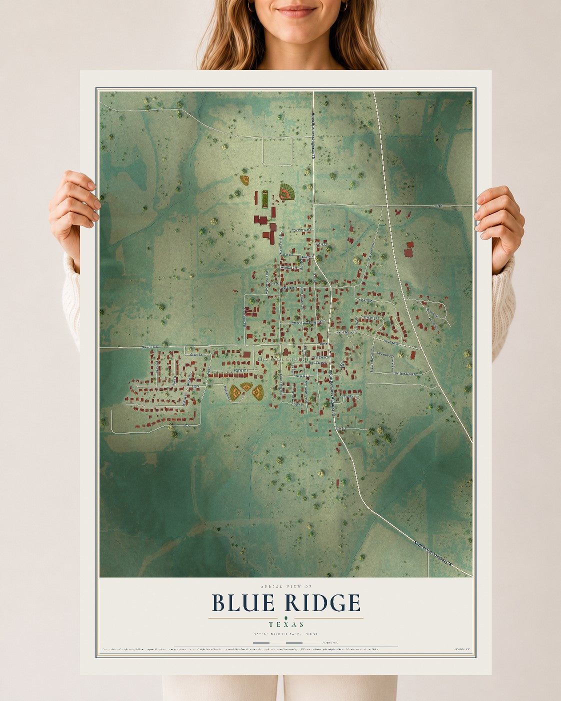 Map of Blue Ridge, Texas, 24 x 36 inch unframed archival matte print