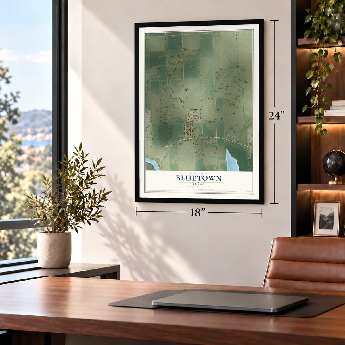 Bluetown, Texas map, 18 x 24 inch print in a black frame in a home office