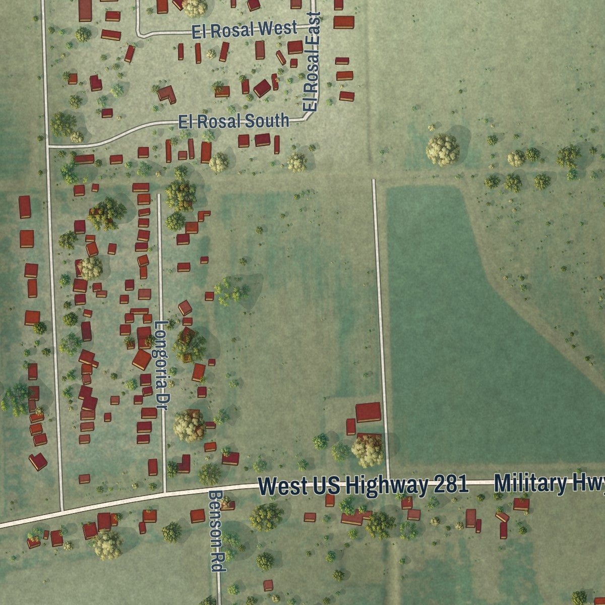 Close-up of the map of Bluetown, Texas print showing street and building detail