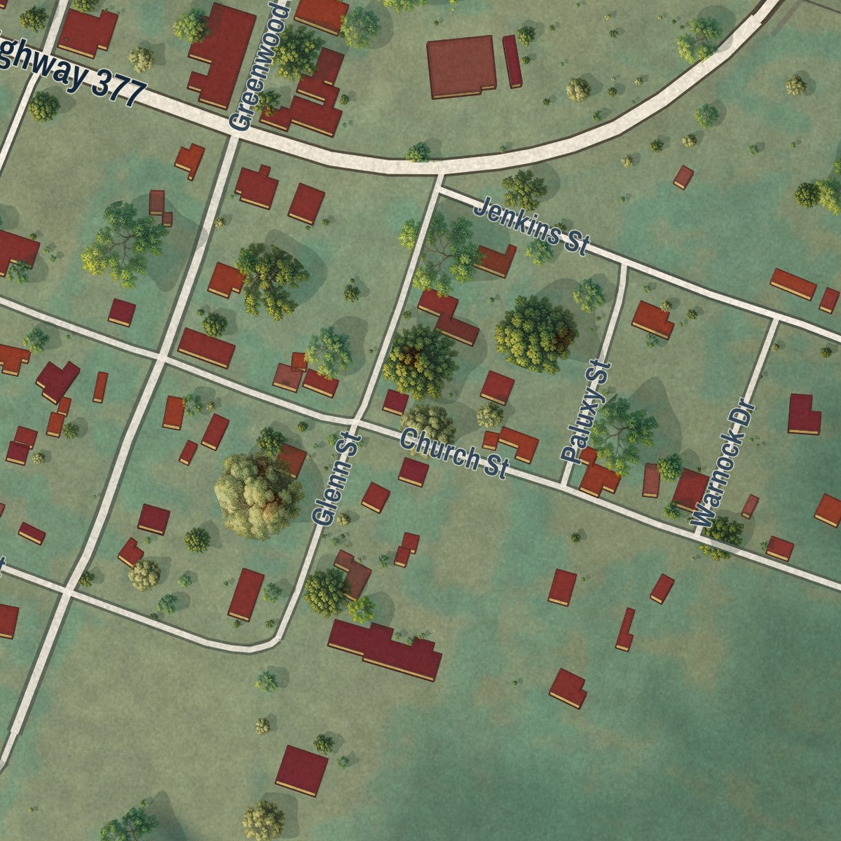 Close-up of the map of Bluff Dale, Texas print showing street and building detail