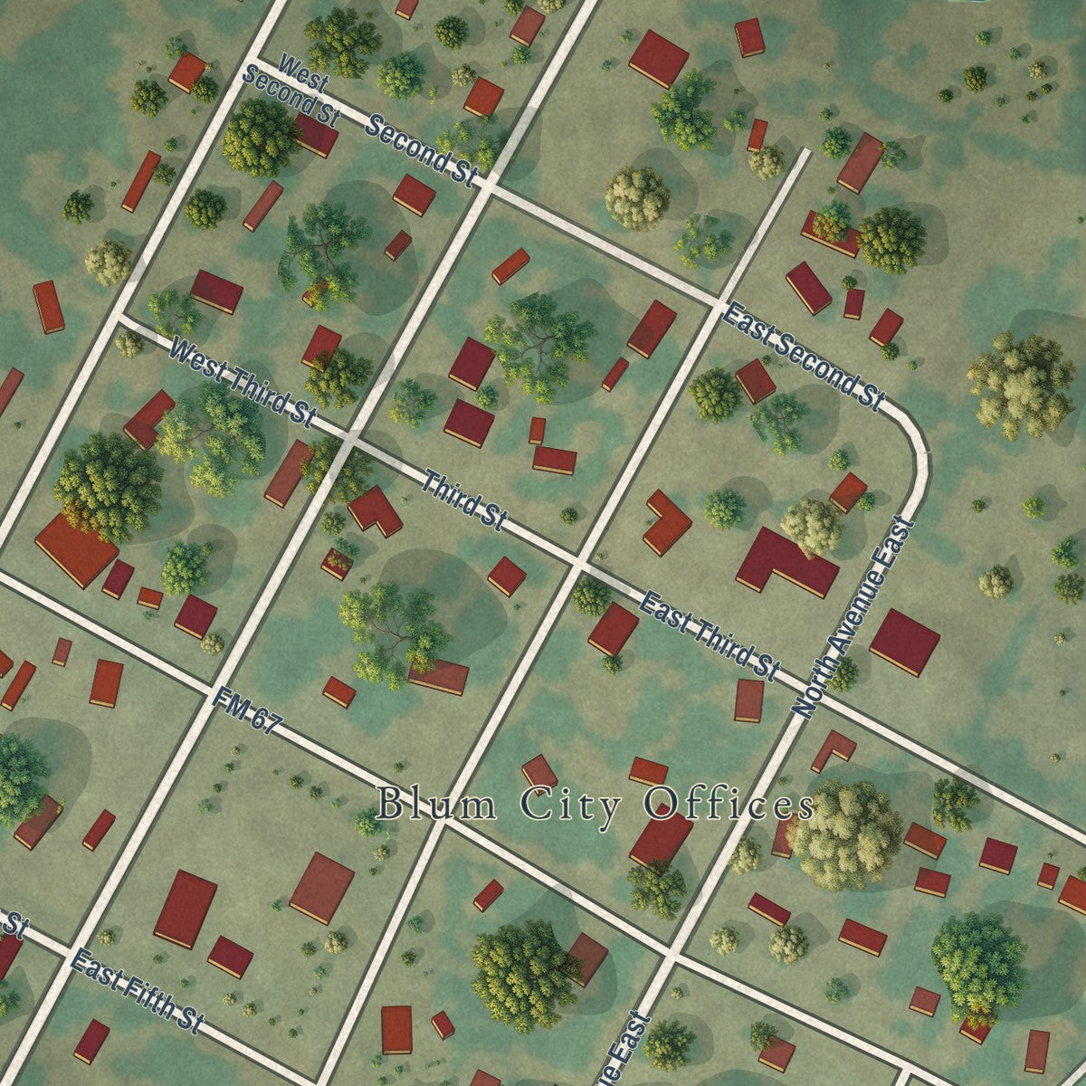 Close-up of the map of Blum, Texas print showing street and building detail