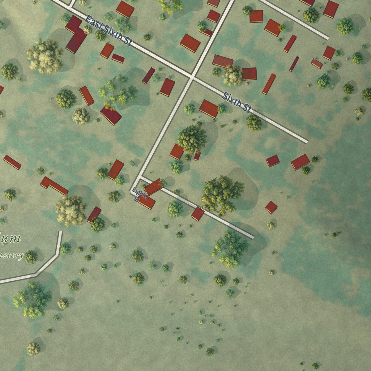 Second close-up of the map of Blum, Texas print showing more streets and buildings
