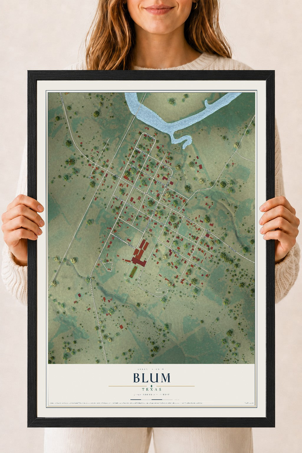 Map of Blum, Texas, 18 x 24 inch print in a black wood frame