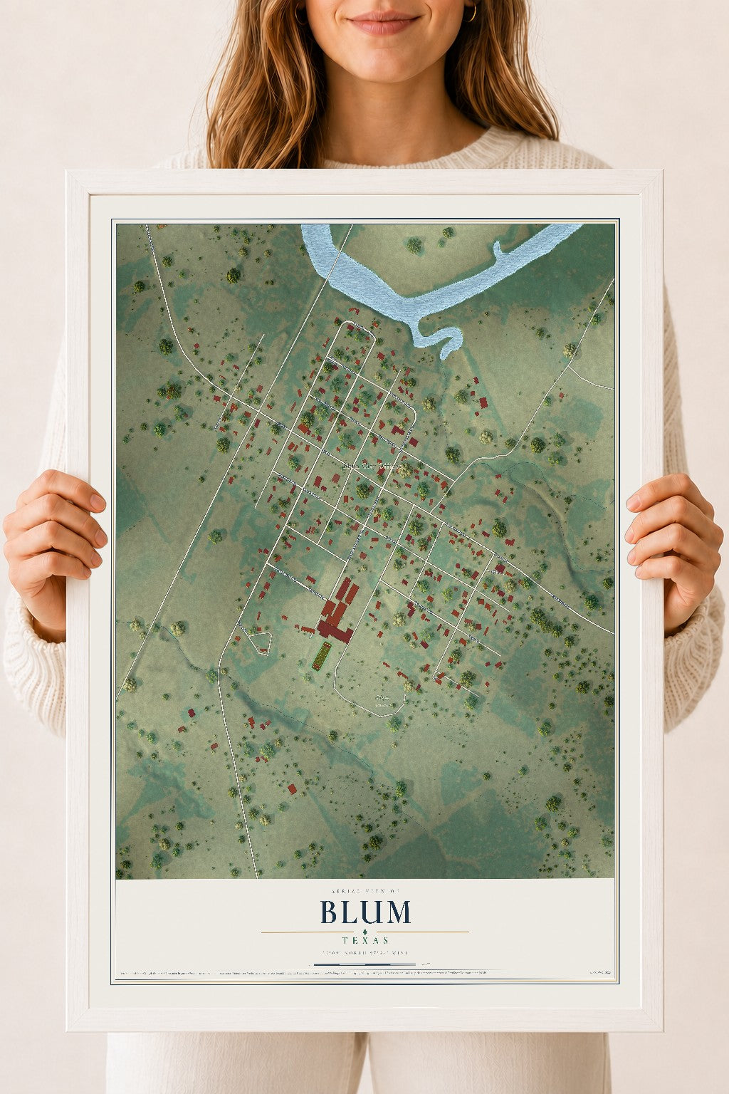 Map of Blum, Texas, 18 x 24 inch print in a white wood frame