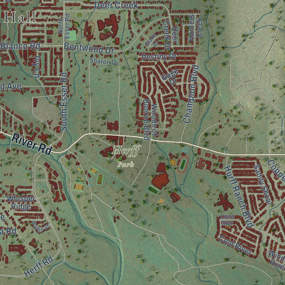 Close-up of the map of Boerne, Texas print showing street and building detail