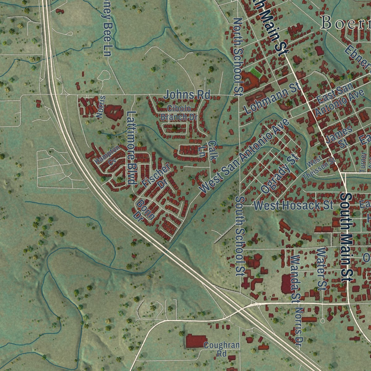 Second close-up of the map of Boerne, Texas print showing more streets and buildings