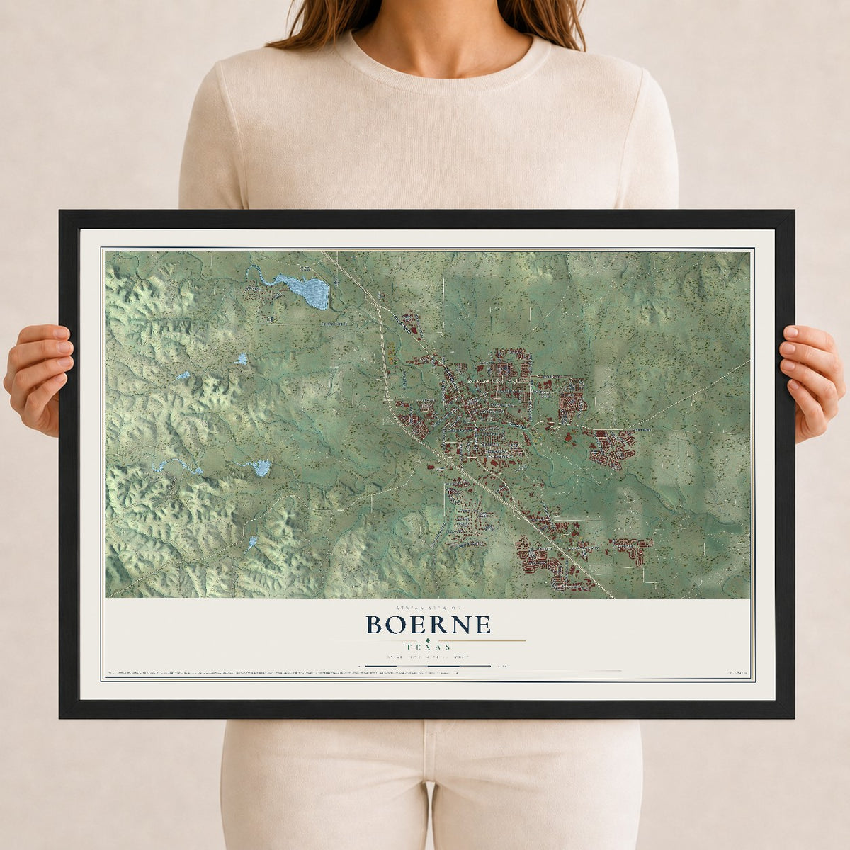 Map of Boerne, Texas, 12 x 18 inch print in a black wood frame