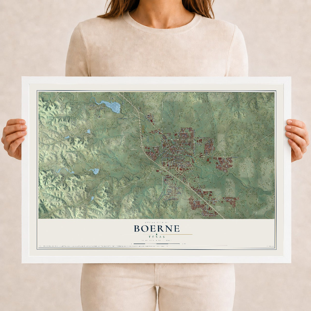 Map of Boerne, Texas, 12 x 18 inch print in a white wood frame