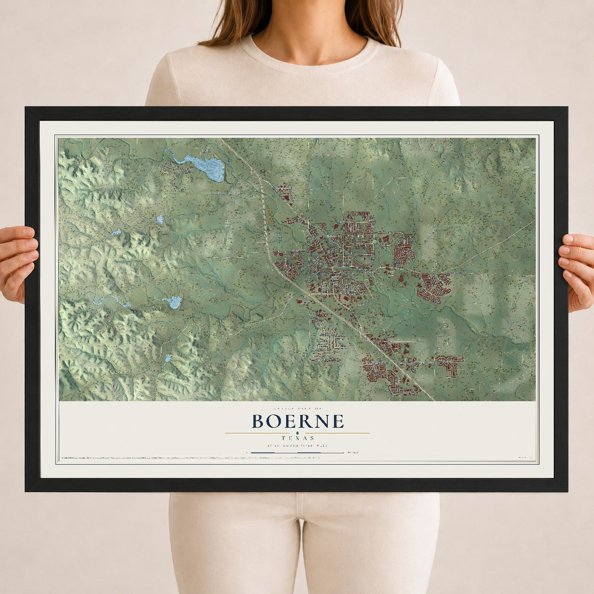 Map of Boerne, Texas, 18 x 24 inch print in a black wood frame