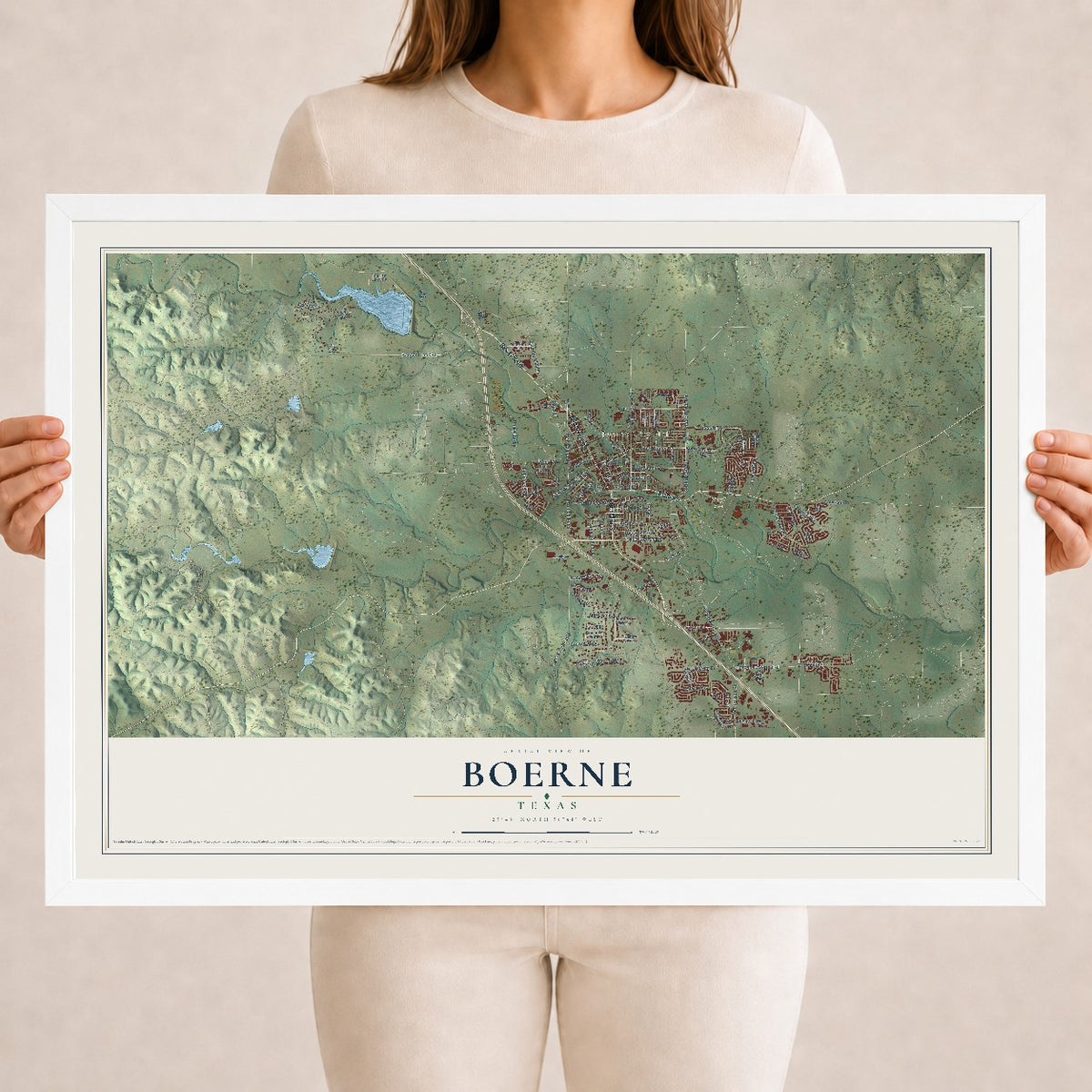 Map of Boerne, Texas, 18 x 24 inch print in a white wood frame