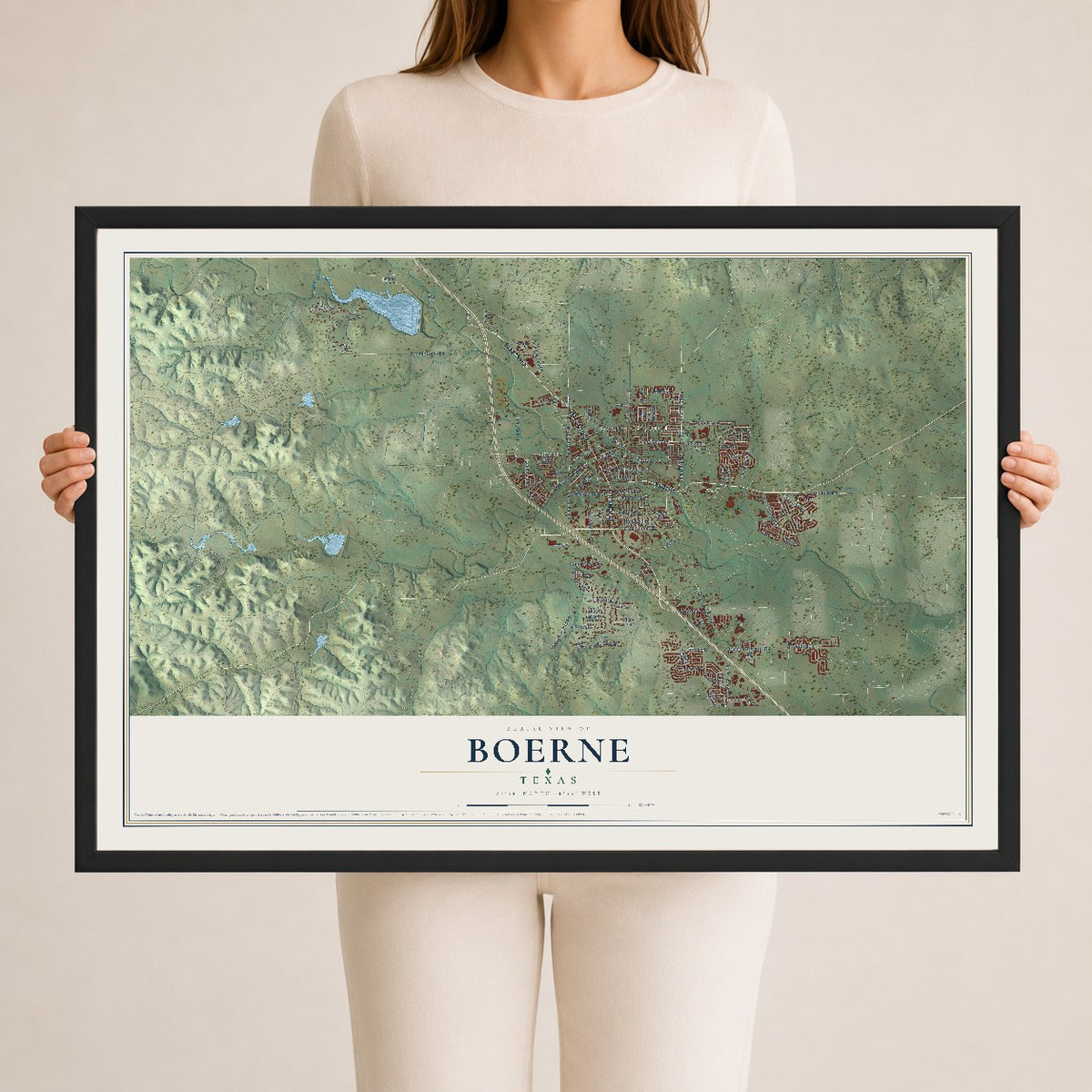 Map of Boerne, Texas, 24 x 36 inch print in a black wood frame